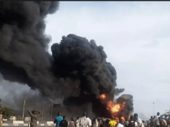 Gas tanker explosion kills two, destroys shops in Lagos Explosion.png